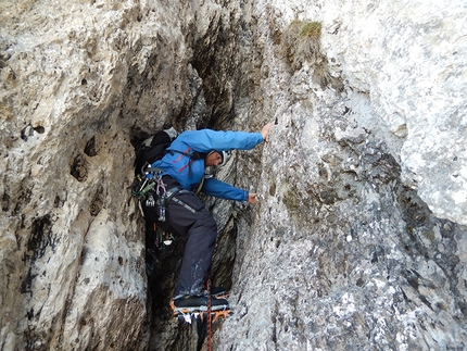 Hrushka, Mur de Pisciadù, Sella, Dolomites, Francesco Salvaterra, Marcello Cominetti - Francesco Salvaterra and Marcello Cominetti making a winter ascent of the Hrushka route up Mur de Pisciadu Orientale, Sella group, Dolomites