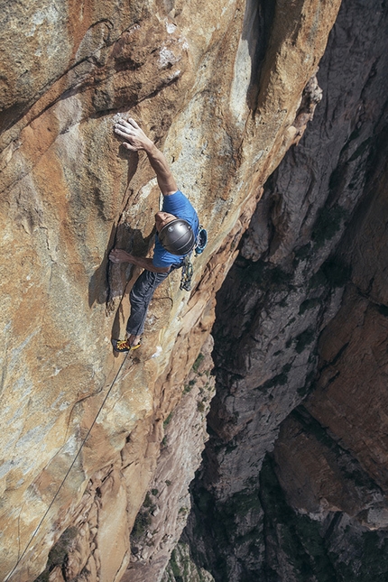 Capu Cascioni, Corsica, Hansjörg Auer, Much Mayr - Hansjörg Auer and Much Mayr making the first ascent of Le Petit Prince (8a, 400m), a new multi-pitch climb up the West Face of Capu Cascioni in Corsica.