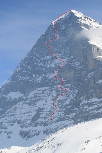 Tom Ballard, Eiger, Starlight and Storm - La parete nord dell' Eiger e la via Heckmair del 1938, vista giovedì 19 marzo 2015, il giorno prima della solitaria di Tom Ballard per completare il suo progetto Starlight and Storm project.