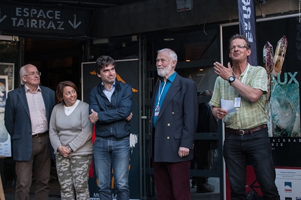 Piolets d'Or, Courmayeur, Chamonix - Doug Scott, Federica Cortese, Eric Fournier, Chris Bonington and Christian Trommsdorff during day 1 of the Piolets d'Or 2015 at Chamonix