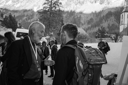 Piolets d'Or, Courmayeur, Chamonix - Chris Bonington talking to Tommy Caldwell during day 1 of the Piolets d'Or 2015 at Chamonix