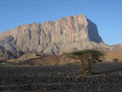 Oman Jebel Misht - The South Face of Jebel Misht, Oman, and the line of ascent of 