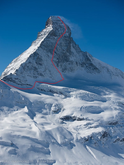Dani Arnold, Matterhorn - The Matterhorn and the line of the Schmid route, first climbed by Franz and Toni Schmid between 31 July and 1 August 1931