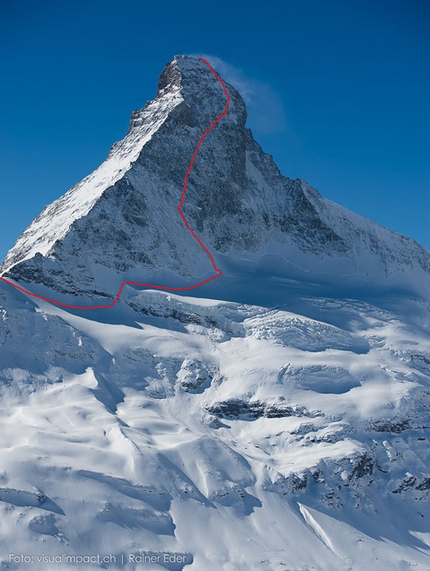 Dani Arnold, Matterhorn - The Matterhorn and the line of the Schmid route, first climbed by Franz and Toni Schmid between 31 July and 1 August 1931