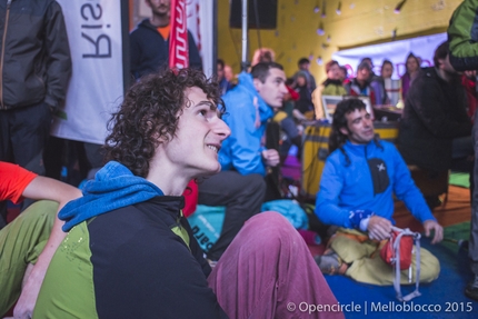 Melloblocco 2015 - Melloblocco 2015: day 2 Adam Ondra trying to paraclimb, in the background Urko Carmona Barandieran
