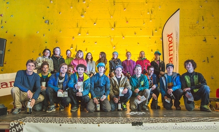 Melloblocco 2015 - Melloblocco 2015 day 4 durante la premiazione. Donne: Raffaella Cottalorda, Giada Zampa, Michelle Theisen, Elena Chiappa, Kaddi Lehmann, Caroline Sinno, Barbara Zangerl, Katharina Saurwein, Janja Garnbret, Jenny Lavarda. Uomini: Jorg Verhoeven, Stefan Scarperi,  Vilimantas Petrasiunas, Nalle Hukkataival, Jacopo Larcher, Francesco Vettorata, Gabriele Moroni, Stefano Ghisolfi, Martin Stranik, Anthony Gullsten, Adam Ondra