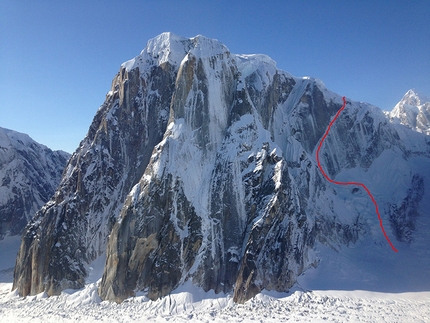 Mt Dickey, Alaska - Mt Dickey, Alaska: the line of Blue Collar Beatdown (V WI4 M4 65°), climbed in mid-March 2015 by John Frieh, Chad Diesinger and Jason Stuckey.