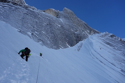 Mt Dickey, Alaska - Mt Dickey, Alaska: Jason Stuckey (white backpack) belaying Chad Diesinger (foreground) up one of the first (of many) snow pitches on March 20th.