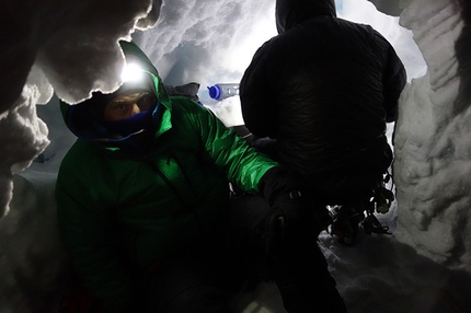 Mt Dickey, Alaska - Mt Dickey, Alaska: Chad Diesinger (green jacket) and Jason Stuckey (back to camera) settling in for a 
