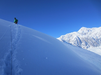 Mt Dickey, Alaska - Mt Dickey, Alaska: Chad Diesinger on the summit plateau finally off the face on March 21.