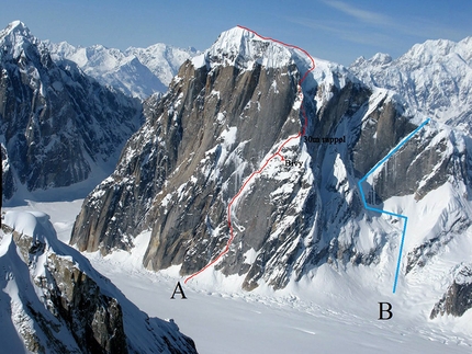 Mt Dickey, Alaska - Mt Dickey, Alaska. Red: No Such Thing as a Bargain Promise (VI A0 WI5R M6, John Frieh, Doug Shepherd, 2012). Blue: Blue Collar Beatdown (V WI4 M4 65°, Chad Diesinger, John Frieh, Jason Stuckey 2014).