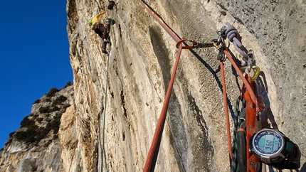 L'Ora del Garda, new rock climb at Mandrea (Arco) - Luca Giupponi establishing pitch 7 on Epiphany
