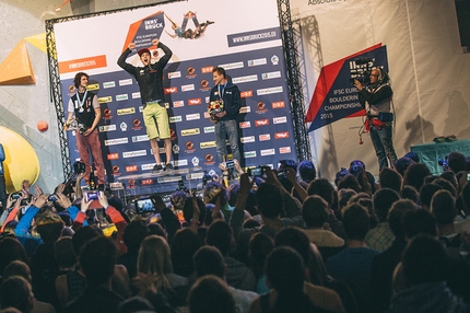 Campionato Europeo di Boulder a Innsbruck - Podio maschile del Campionato Europeo di Boulder a Innsbruck: da sx a dx Adam Ondra, Jan Hojer, Stefan Scarperi