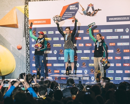 European Bouldering Championship 2015 Innsbruck - Female podium European Bouldering Championship 2015 Innsbruck. From left to right: Anna Stöhr, Juliane Wurm, Katharina Saurwein