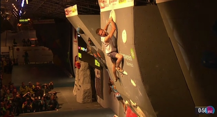 European Bouldering Championship 2015 Innsbruck - Stefan Scarperi sending boulder #3 during the finals of the European Bouldering Championship 2015 in Innsbruck