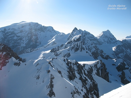 Cima Tuckett, ski mountaineering, Ortles Cevedale - Cima Tuckett ski mountaineering: Ortles - Thurwieser- Trafoier group and Gran Zebrù on the right