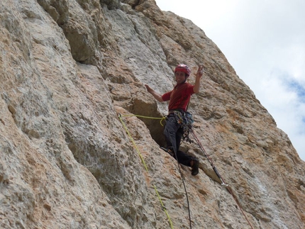 Piz dla Dorada, Puez, Dolomites - Simon Gietl and Vittorio Messini making the first ascent of Neolit, Piz dla Dorada, Puez, Dolomites