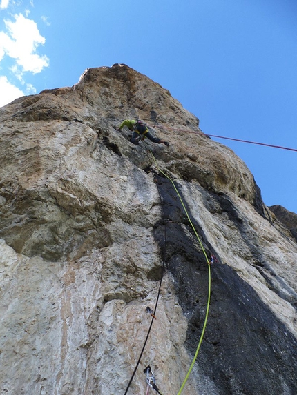Piz dla Dorada, Puez, Dolomites - Simon Gietl and Vittorio Messini making the first ascent of Neolit, Piz dla Dorada, Puez, Dolomites