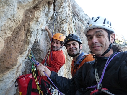 Monte Gallo, Palermo, Sicily, Fabrice Calabrese, Mauro Florit, Eugenio Pinotti - Selfie at the second belay of Nato due volte, Monte Gallo, Sicily: Eugenio Pinotti, Mauro Florit & Fabrice Calabrese