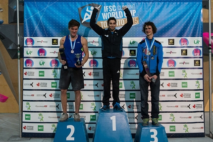 Bouldering World Cup 2015 - Toronto - Male podium of the Bouldering World Cup 2015 at Toronto: Nathaniel Coleman, Alban Levier, Adam Ondra