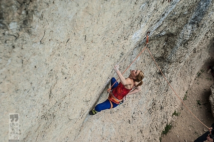 Lena Herrmann, Frankenjura, Germany - Lena Herrmann climbing Klondike Cat (11-), Frankenjura, Germany