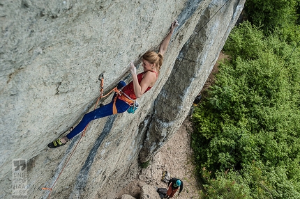 Lena Herrmann, Frankenjura, Germany - Lena Herrmann climbing Klondike Cat (11-), Frankenjura, Germany