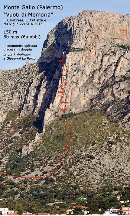 Monte Gallo, Sicilia - Durante l'apertura di Vuoti di Memoria (6b max (6a obbl), 150m Fabrice Calabrese, Luigi Cutietta e Maurizio Oviglia, 22 e 24 aprile 2015) sul Monte Gallo, Sicilia