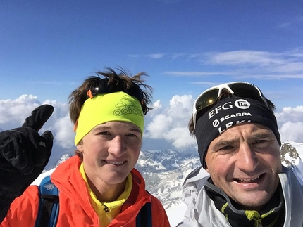 #82summits - Michael Wohlleben and Ueli Steck on the summit of Piz Bernina on day 1 of #82summits, their project to climb the 82 4000m summits of the Alps in 80 days.
