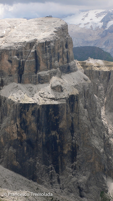 Sass Pordoi, Dolomites - The magnificent west face of Sass Pordoi, Dolomites with the enormous ledge at mid-height used to exit many of the multi-pitch rock climbs