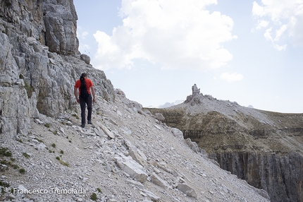 Sass Pordoi, Dolomites - On the mid-height ledge on Sass Pordoi, Dolomites, heading towards the summit cross