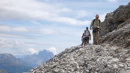 Dolomites: Sella vie ferrate and walks - Vallon - Descending towards Rifugio Vallon, Mount Pelmo in the background