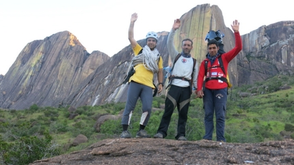 Tsaranoro, Madagascar, Hassan Gerami, Hamid Reza Shafaghi, Farshad Mijoji - Hassan Gerami, Hamid Reza Shafaghi and Farshad Mijoji celebrating after the first ascent of The Change Experience (8b, A2 442m, 04/2015), Tsaranoro, Madagascar.