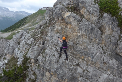 Ra Bujela - Via ferrata Maria e Andrea Ferrari, Dolomites - Ra Bujela - Via ferrata Maria e Andrea Ferrari. Heading towards the summit. Rifugio Pomedes in the background