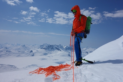 Lucifer North Face, Alaska, John Frieh, Doug Shepherd - Lucifer North Face, Alaska:  Doug Shepherd on top with the Stikine Ice Cap stretching out behind him.