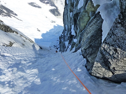 Lucifer North Face, Alaska, John Frieh, Doug Shepherd - Lucifer North Face, Alaska:  John Frieh following some simul terrain.