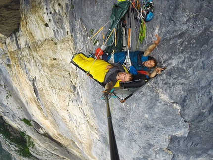 Alpine Wall Tour, Lukasz Dudek, Jacek Matuszek, Monte Brento - Lukasz Dudek and Jacek Matuszek during the first repeat of Brento Centro (8b, 600m), Monte Brento, Valle del Sarca