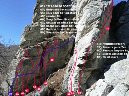Miroglio boulder, palestra dei Distretti, Beppino Avagnina - Masso di Gollum e Torrione E, circuito boulder a Miroglio (CN):