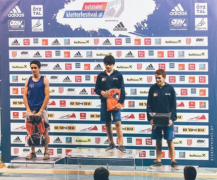 Oetztaler Kletterfestival, Coppa Europa Giovanile Boulder 2015 - Coppa Europa Giovanile Boulder 2015 Längenfeld: 1 Pietro Biagini, 2 Petar Ivanov, 3 Filip Schenk