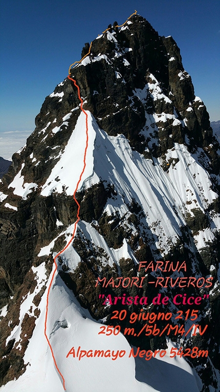 Alpamayo Negro, Bolivia, Marco Farina, Marco Majori - Arista de cice (IV/5b/M4/250m 05/2015 Marco Farina, Marco Majori, Aldo Riveros) Alpamayo Negro 5428m, Bolivia