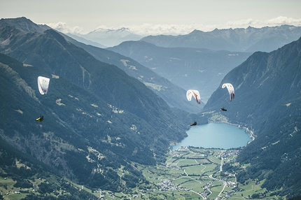 Red Bull X-Alps 2015 - Micheal Witschi (SUI3), Stephan Gruber (AUT3) and Antoine Girad (FRA2) and thier support teams perform during the Red Bull X-Alps at Poschiavo , Switzerland on 10th July 2015