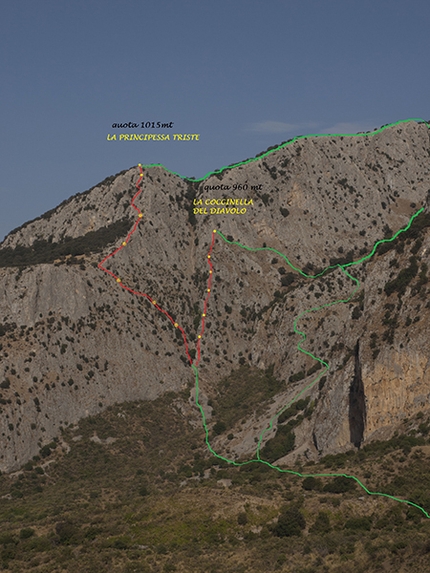Parco delle Madonie, Sicilia - La principessa triste (IV, 355m) e La coccinella del diavolo (V+, 315m), aperte nel Parco delle Madonie, Sicilia da Giorgio Iurato e Cristina Pannuzzo.