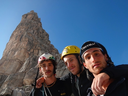 Il bianco calimero, Croz del rifugio, Brenta Dolomites, Rifugio Tosa Pedrotti - The first ascentionists: Andrea Galizzi, Francesco Carrara, Gabriele Carrara