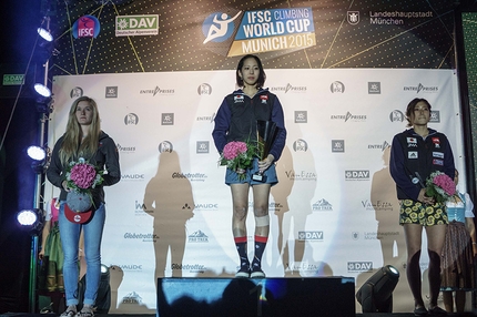 Bouldering World Cup 2015 - Munich - Bouldering World Cup 2015, Overall Ranking: Shauna Coxsey (2), Akiyo Noguchi (1), Miho Nonaka (3)