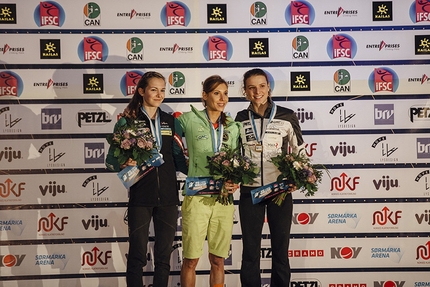 Lead World Cup 2015 Stavanger - Female podium Lead World Cup 2015 at Stavanger, Norway: Jessica Pilz (2), Mina Markovic (1), Anak Verhoeven (3)