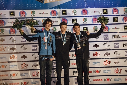 Lead World Cup 2015 Stavanger - Male podium Lead World Cup 2015 at Stavanger, Norway: Adam Ondra (2), Gautier Supper (1), Romain Desgranges (3)