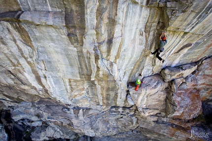 Della Funivia, Valle Bavona, Ticino, Alexandra Schweikart, Christopher Igel - Alexandra Schweikart and Christopher Igel making the first ascent of Della Funivia (7c, 300m), Valle Bavona, Ticino, Switzerland.