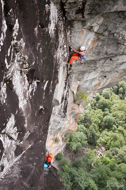 Della Funivia, Valle Bavona, Ticino, Alexandra Schweikart, Christopher Igel - Alexandra Schweikart and Christopher Igel making the first ascent of Della Funivia (7c, 300m), Valle Bavona, Ticino, Switzerland.