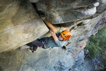 Della Funivia, Valle Bavona, Ticino, Alexandra Schweikart, Christopher Igel - Alexandra Schweikart and Christopher Igel making the first ascent of Della Funivia (7c, 300m), Valle Bavona, Ticino, Switzerland.