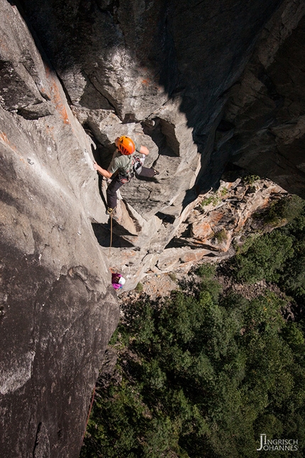 Della Funivia, Valle Bavona, Ticino, Alexandra Schweikart, Christopher Igel - Alexandra Schweikart and Christopher Igel making the first ascent of Della Funivia (7c, 300m), Valle Bavona, Ticino, Switzerland.