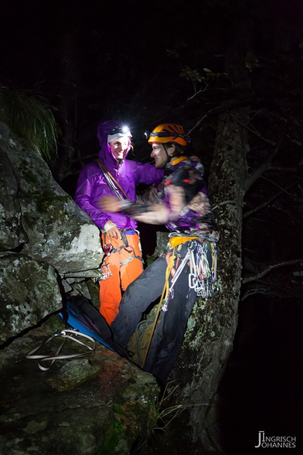 Della Funivia, Valle Bavona, Ticino, Alexandra Schweikart, Christopher Igel - Alexandra Schweikart and Christopher Igel making the first ascent of Della Funivia (7c, 300m), Valle Bavona, Ticino, Switzerland.